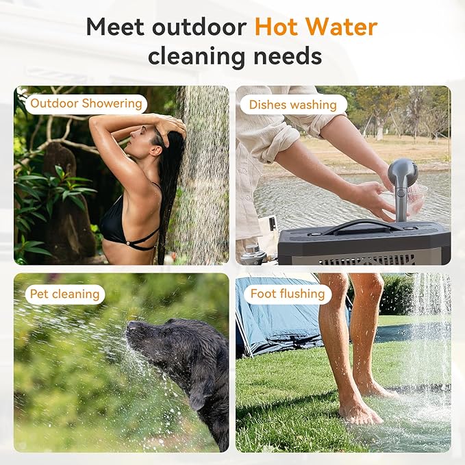 Portable Propane Water Heater for Camping Shower, Built-in 4000mAh Rechargeable Battery with Thermostatic Control and Overheating Protection, Tankless Water Heater for Outdoor Shower with Pump