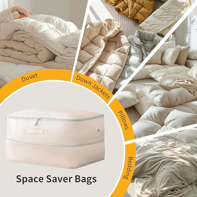 DIMJ 66L Comforter Storage Bag - 2 Pack Space Saving Self Compression Bags for Blankets, Duvets, Pillows, Bedding, and Down Jackets with Clear Window and Handle