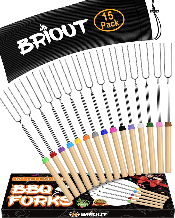 Briout Extendable Stainless Steel Roasting Sticks - Smores Sticks for Fire Pit Long 32 Inch, Smore Skewers Hot Dog Fork Campfire Accessories, Camping Essentials for S'mores - 15 Pack