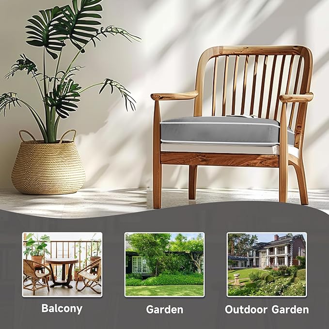 PNP FKJP 2 Pack Outdoor Chair Cushion 20" X 20" X 4", Waterproof Outdoor Seat Cushions with Non-Skid Ties,Grey (Cushion + Cover)