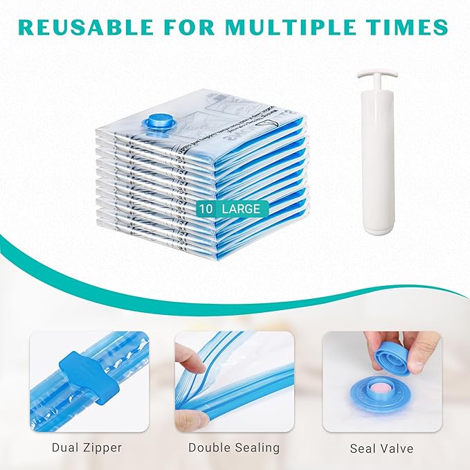 10 Pack Large Space Saver Vacuum Storage Bags Large Seal Bags for Bedding Compression Bags for Travel Comforters Blankets Bedding Pillows Luggage Hand Pump Included