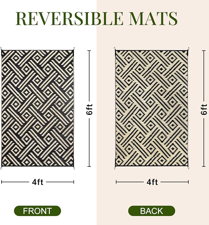 OPPODREAM Outdoor Rug 4x6 Ft, Waterproof Outdoor Plastic Straw Rug for Patio, Reversible Out Door Carpet for Camping, Deck, Rv, 4 x 6 Area Carpet for Balcony, Porch, Backyard, Black and Beige