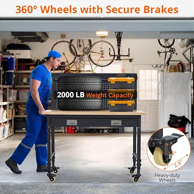 Work Bench 48" Adjustable Height, Heavy-Duty Portable Workbench with Power Outlets and Drawer for Garage & Workshop, 2000 LBS Load Capacity Large Pegboard, Work Table for Office, Home, Easy Assembly