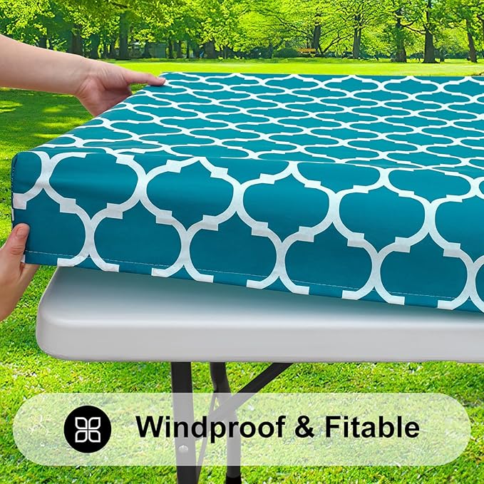 Smiry Rectangle Picnic Table Cover, Waterproof Elastic Fitted Camping Tablecloths for 4 Foot Tables, Wipeable Flannel Backed Vinyl Tablecloth Protector for Indoor, Outdoor (Turquoise, 30x48 Inches)