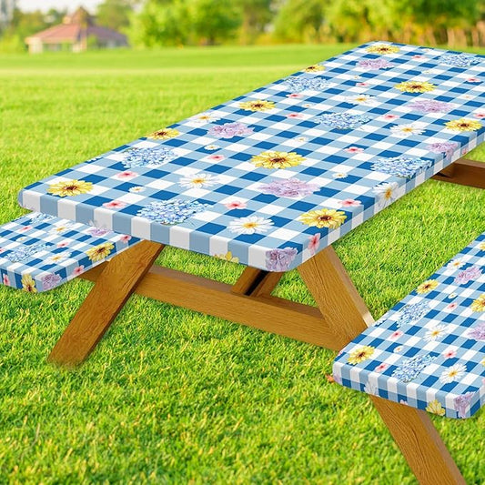 DYNH 3 Pcs Picnic Table Cover with Bench Covers, Waterproof Reusable Elastic Fitted Tablecloths for Rectangle Tables, Washable Floral Plaid Tablecloth for Camping,Outdoor Essentials,30X60IN