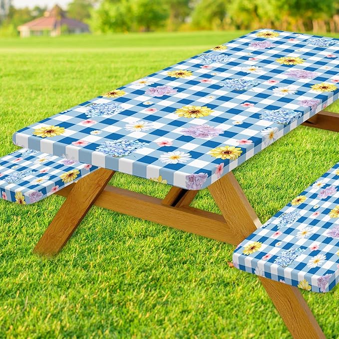 DYNH 3 Pcs Picnic Table Cover with Bench Covers, Waterproof Reusable Elastic Fitted Tablecloths for 8Ft Rectangle Tables, Washable Floral Plaid Tablecloth for Camping,Outdoor Essentials,30X96IN