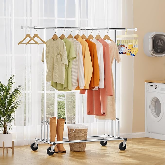 Tajsoon Heavy Duty Clothes Rack Foldable Garment Rack with Wheels and Extendable Rod, Freestanding Clothing Rack for Hanging Clothes, Adjustable ＆ Collapsible Rolling Racks with Bottom Shelf, Chrome