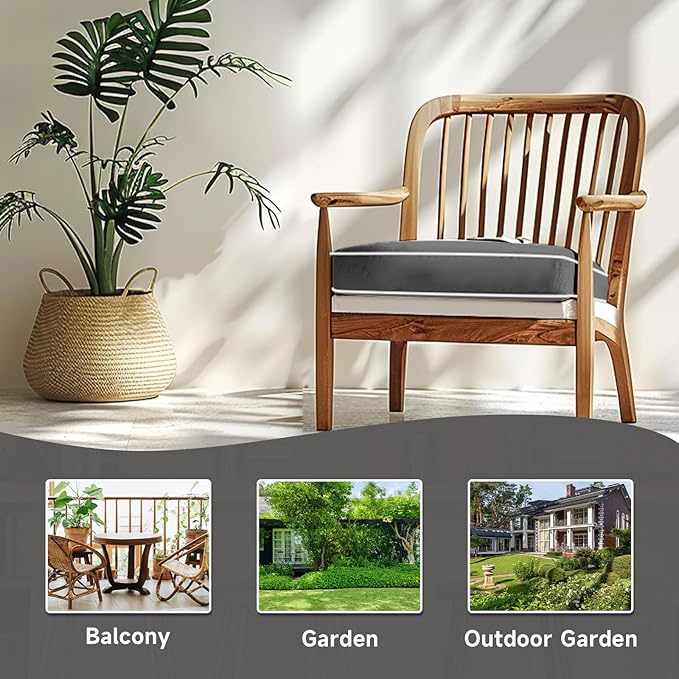 PNP FKJP 2 Pack Outdoor Chair Cushion 20" X 20" X 4", Waterproof Outdoor Seat Cushions with Non-Skid Ties,Dark Gray (Cushion + Cover)