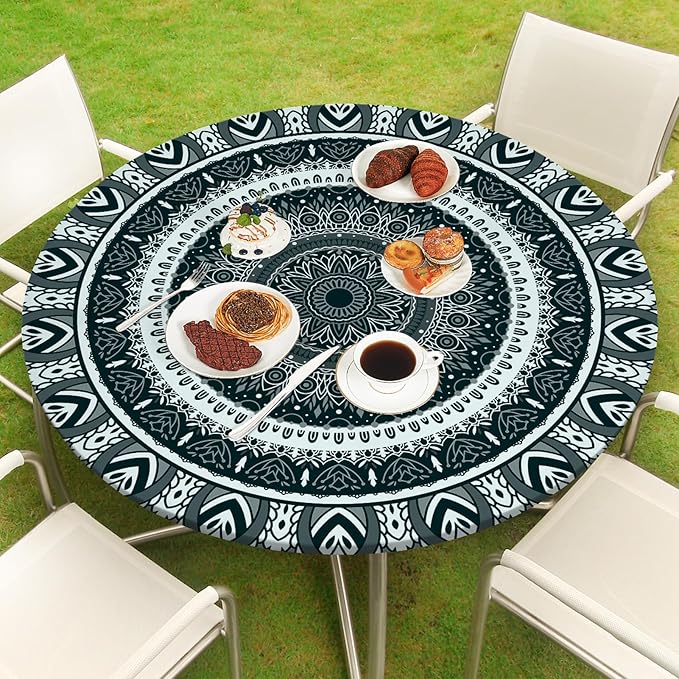 Round Tablecloth Fitted Elastic Table Cover Waterproof Table Cloth for Dinner, Party, Picnic,Camping, Round Table Cover for Indoor Outdoor