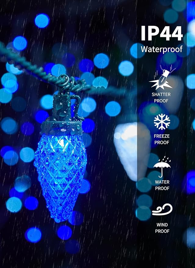 C9 LED Christmas String Lights - 82ft 100 LED Outdoor String Lights with Timer and 8 Lighting Modes, Plug in Extendable Roofline Lights String for Outside Yard Porch Christmas Holiday Decoration