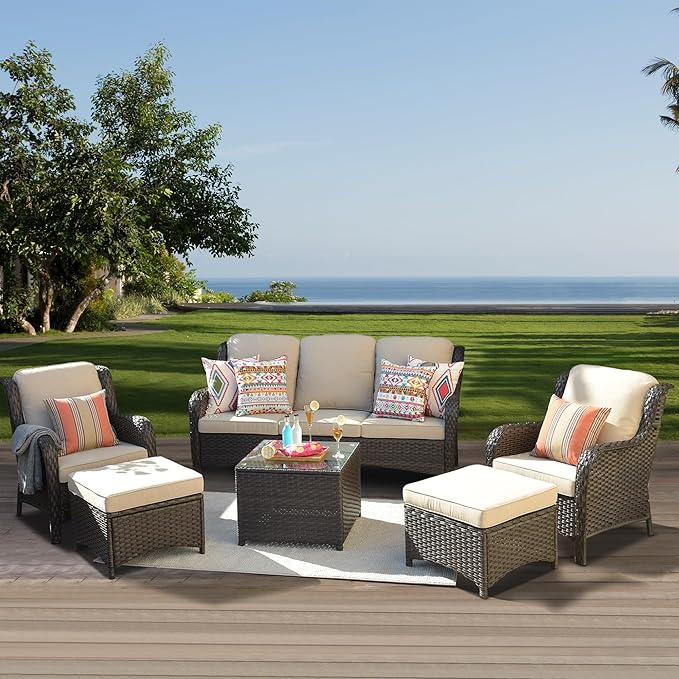 ovios 6 Pieces Patio Furniture Set, Outdoor Wicker Sofas with Glass Coffee Table and Comfy Cushions, All Weather High Back Couch Set for Deck Porch, Brown Rattan, Beige