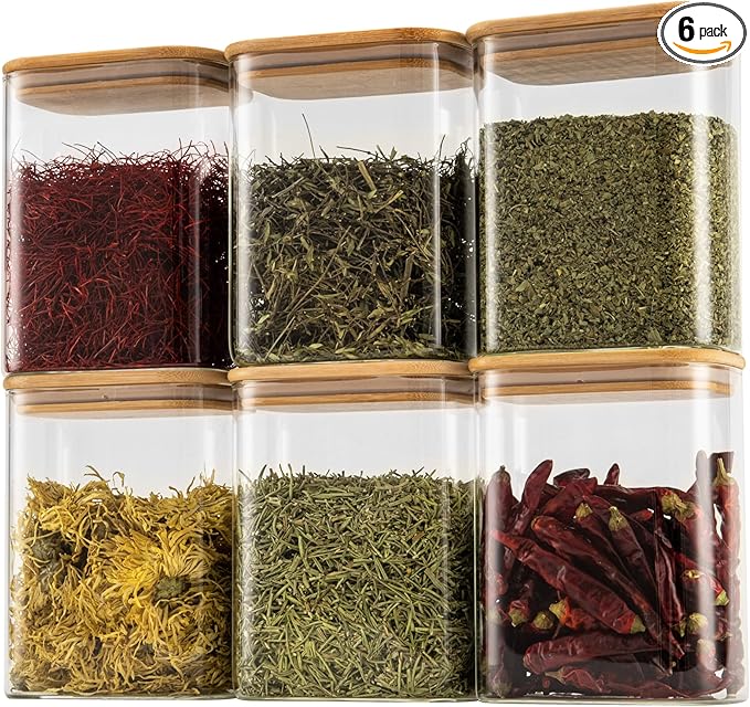 37oz Rectangle Airtight Glass Storage Containers with Bamboo Lids (Set of 6), Square Food Storage Jar, Pantry Organizers for Cereal, Nuts, Snacks and Coffee beans (‎with Black Lable)