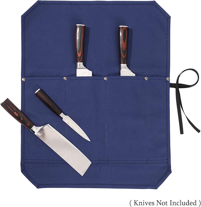 Chef Knife Roll, Heavy Duty 16OZ Waxed Canvas Knife Roll, 4 Slots Knife Bag with Professional Cut Resistant Fabric, Blue (21.5"L x 17.5"W)