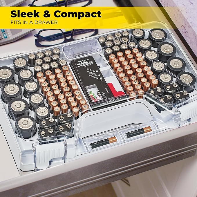 Ontel Battery Daddy Storage & Organizer Case with Tester, Stores & Protects Up to 180 Batteries, Double-Sided, Durable Design with Clear Locking Lid, Secure Latches & Portable Carrying Handle - White