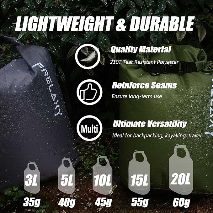 Frelaxy Dry Bag 3-Pack/5-Pack, Ultralight Dry Sack, Outdoor Bags Keep Gear Dry for Hiking, Backpacking, Kayaking, Camping, Swimming, Boating