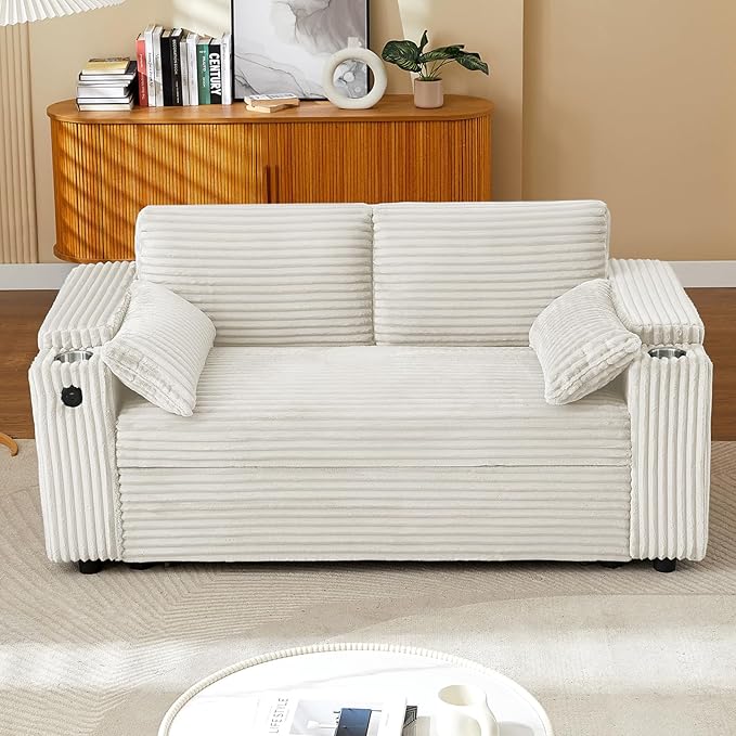 68.11" Corduroy Sleeper Chair Bed with USB Port, Cup Holders & Side Storage Pockets – 3-in-1 Foldable Sofa Bed for Guest Room, Living Room (ZY-1110-White)
