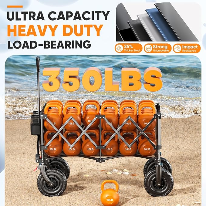 Beach Wagon with 9x3.5" Big Rubber Wheels for Sand, 350lbs Heavy Duty 200L Collapsible Utility Wagon, Easy Transport & Storage, Ideal for Sport, Camping, All-Terrain Outdoor Activities, Black