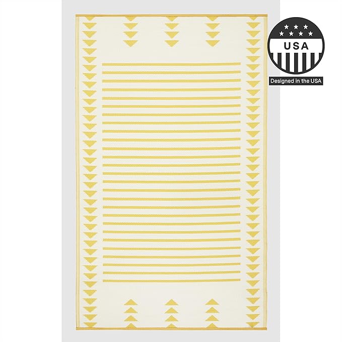FH Home Outdoor Rug - Waterproof, Fade Resistant, Crease-Free - Premium Recycled Plastic - Geometric - Porch, Deck, Balcony, Mudroom, Laundry Room, Patio - Hampton - Yellow Crease Free - 3 x 5 ft