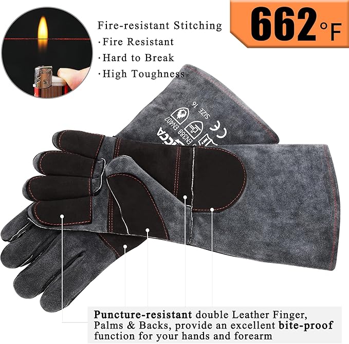 RAPICCA Animal Handling Gloves Bite Proof Double Leather Reinforced Padding Dog,Cat Scratch,Bird Handling Falconry Gloves Grabbing Reptile Squirrel Snake Bite 16in Grey-Black