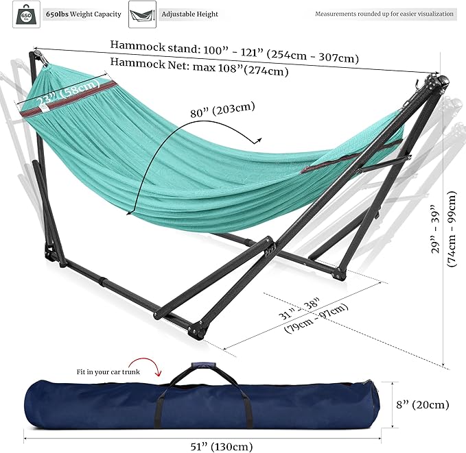 Tranquillo Universal Double Hammock with Stand Included for 2 Persons/Foldable Hammock Stand 600 lbs Capacity Portable Case - Inhouse, Outdoor, Camping, Sky