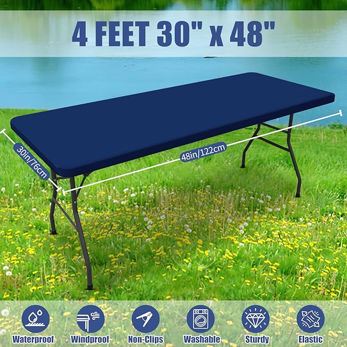 Spandex Picnic Table Cloth 2 Pack, Elastic Fitted Tablecloths for 4 Foot Rectangle Tables, Stretch Washable Patio Table Cover for Outdoor, Camping, Banquet and Parties (Navy, 30"x48")