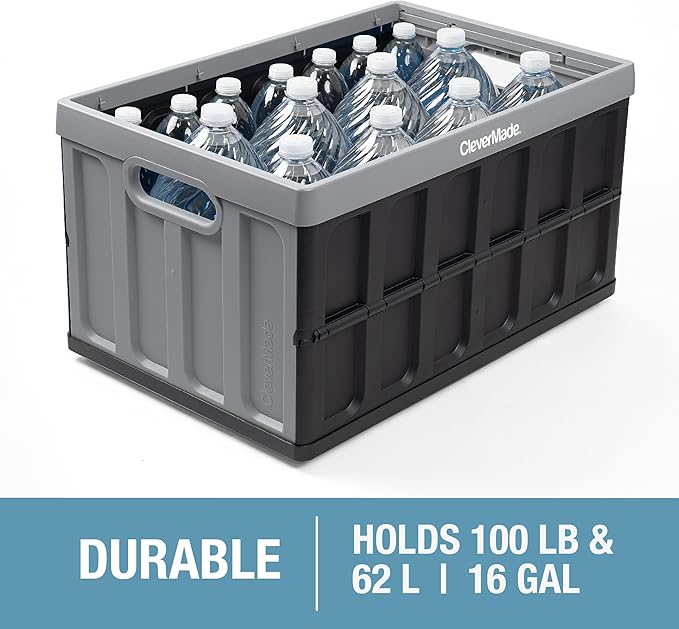 CleverMade Collapsible Storage Bins - Ocean 3 Pack 62L / 16 Gal holds 75 lbs - Stackable Containers Heavy Duty Capacity Crates Space-Saving
