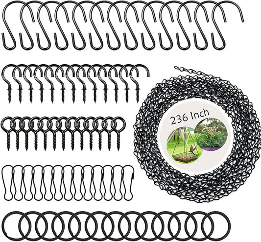 YINGFENG 236 Inch Black Metal Hanging Chains and Hanging Basket Hooks Set for Bird Feeders, Birdbaths, Planters, Grow Lights, Lanterns, Wind Chime and Ornaments, Eye Screws, Chain Hooks DIY