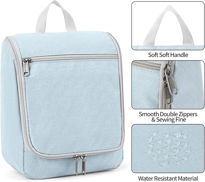 Della Gao Travel Toiletry Bag, Hanging Toiletry Bag for Men and Women, Water-resistant Makeup Bag Cosmetic Toiletries Organizer, Bathroom Bag, Sturdy Nylon, Light Blue
