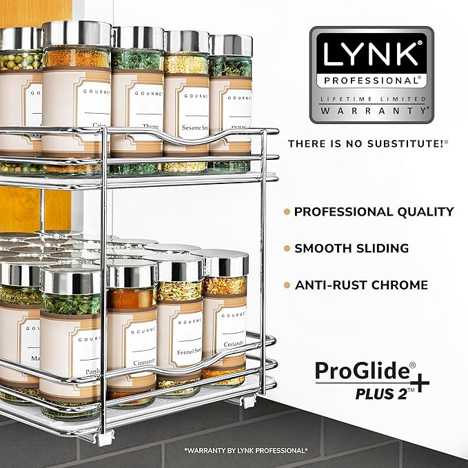 LYNK PROFESSIONAL® Pull Out Spice Rack Organizer for Inside Kitchen Cabinets - 8-1/4 inch Wide - Slide Out Drawer – Chrome Sliding Spice Cabinet Organization Shelf Racks - 2 Tier