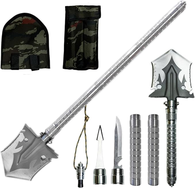 Survival Shovel Military Grade - 16-in-1 Tactical Folding Shovel with Ruler & Pouch | Heavy Duty Unbreakable Design for Camping, Hiking, Off-Road, Emergency, Gardening
