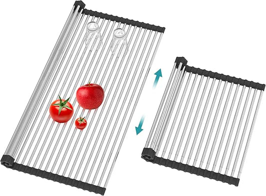 BBXTYLY Extra Large Expandable Roll Up Dish Drying Rack,Over The Sink Drying Rack Sink Cover Kitchen Sink Accessories Kitchen Rolling up Stainless Steel Drainer, Foldable,Rollable（Black，22.8''-17''）