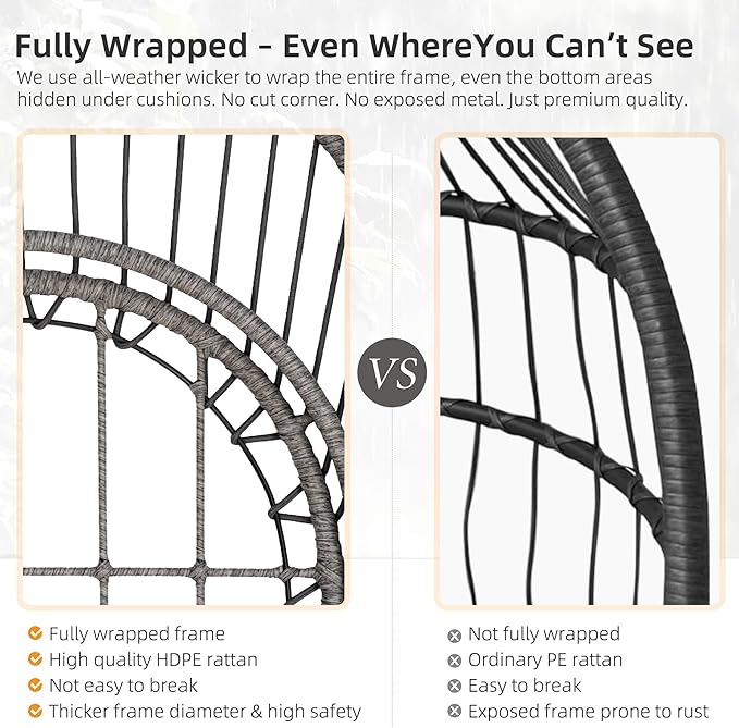 Foldable Hanging Egg Chair with Stand, HDPE Rattan and Heavy Duty Aluminum-Steel Frame, Outdoor Patio Wicker Swing Egg Chair with Headrest and Cushioned, 350 Lbs Capacity (Dark Grey)