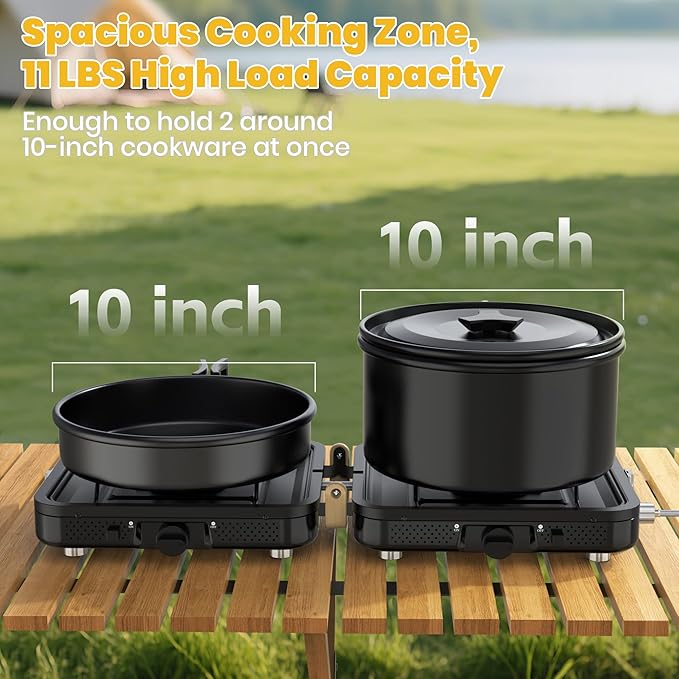 2 Burner Camping Stove, Folding Propane Camp Stove with Portable Carrying Bag, Adjustable High Heat Burners & Piezo Push-Button Instant Ignition, Outdoor Tailgating, Backyard BBQ Camping Essentials