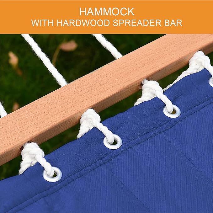 Lazy Daze Hammocks 12 FT Double Quilted Fabric Hammock and 13 FT Natural Wooden Arc Stand, with Spreader Bar, Removable Pillow, 2 Person Hammock for Outdoor Patio Poolside, 450 lb Capacity, Navy Blue