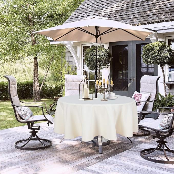 LUSHVIDA Round Outdoor Tablecloth with Umbrella Hole and Zipper, 60 Inch Beige, Washable Waterproof Table Cloth Spill Proof Wrinkle Free Table Cover for Patio Spring Summer Picnic BBQS