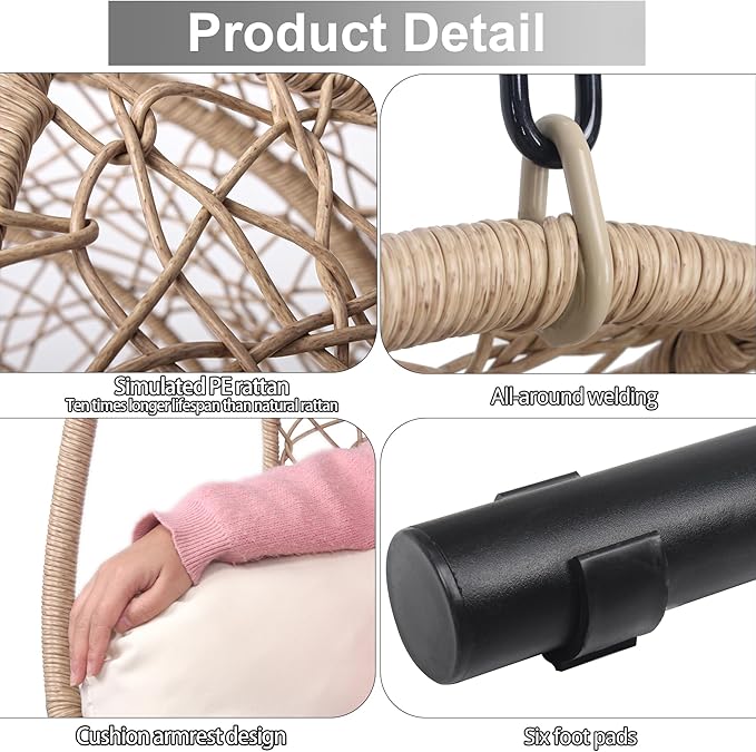 Hanging Egg Chair with Stand - Egg Swing Chair Outdoor Indoor Patio Wicker Chair Swing Hammock Egg Chairs 400lbs Capacity for Outside Patio, Bedroom, Garden and Balcony（Beige-Nest, 1PC）