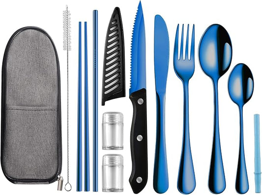Portable Travel Utensils Set,Reusable Utensils,Travel Camping Cutlery Set,Stainless Steel Flatware Set with Case,Lunch Boxes Workplace Camping School Picnic (Blue)