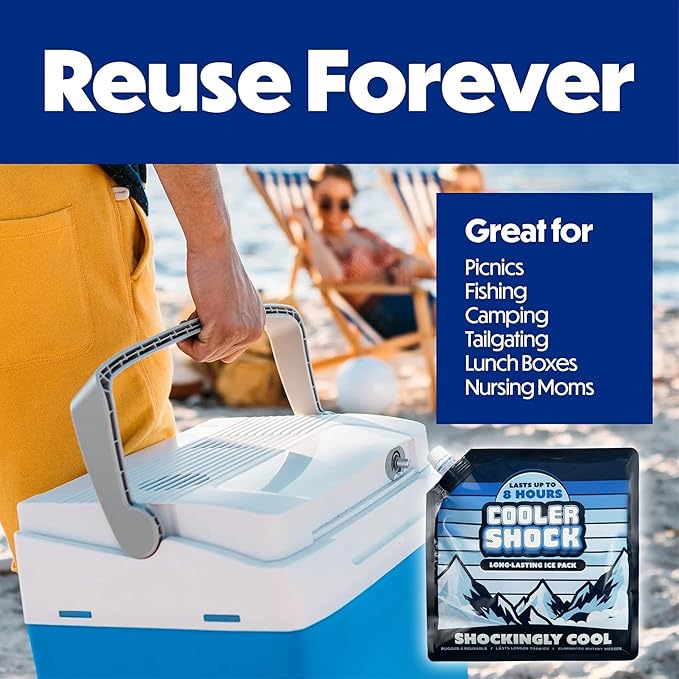 Cooler Shock Reusable Ice Packs for Cooler - Long Lasting Cold Freezer Packs for Coolers and Lunch Boxes - Cooler Ice Packs for Camping Gear, Fishing, Road Trips, Beach Must Haves