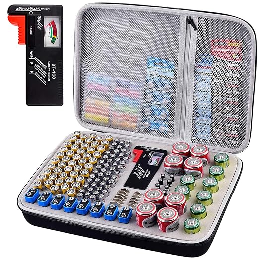 Battery Organizer Storage Holder Case Box with Tester Checker BT-168. Holds 225 Batteries AA AAA C D Cell 9V 3V Lithium (Yellow)