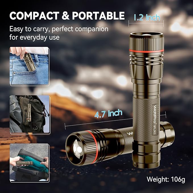 WdtPro Rechargeable Flashlights High Lumens, 2 Pack 10H Long Lasting Super Bright EDC Flashlight, LED Mini Tactical Flash Lights for Camping Emergency, Drop & Water Resistant Brown(Battery Included)