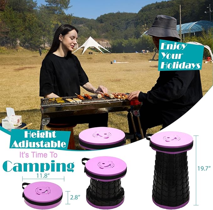 19.7” Heavy Duty Collapsible Stool with Cushion - Portable, Foldable Camping Stool for Adults, Max Capacity 1000lbs (Purple)