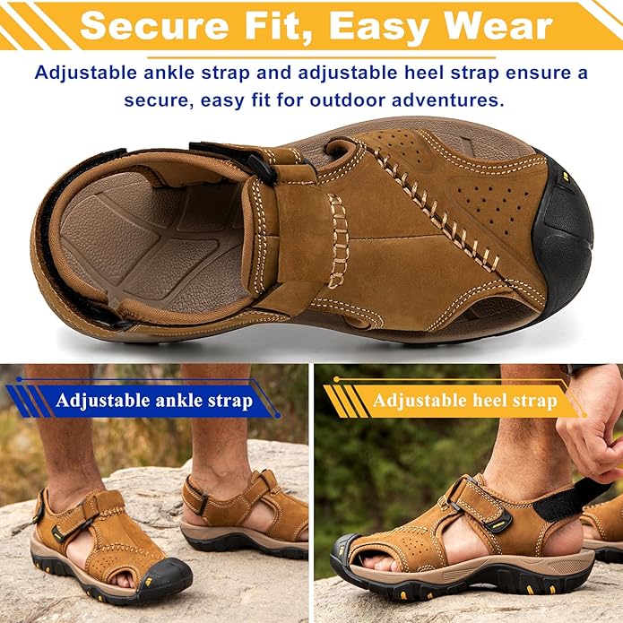 Men's Sport Sandals Closed Toe Leather Hiking Athletic Walking Outdoor Beach Trail River Fishing Water Shoes Lightweight Comfortable Waterproof