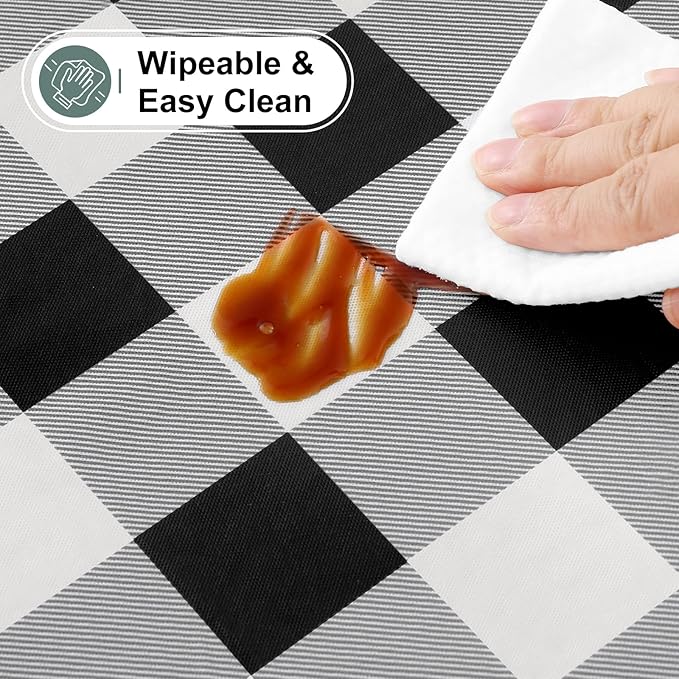 misaya Buffalo Rectangle Picnic Tablecloth, 8 Foot Elastic Fitted Vinyl Table Cloth with Flannel Backing, Waterproof Plaid Table Covers for Dining, Camping, Outdoor (Black and White, 30" x 96")