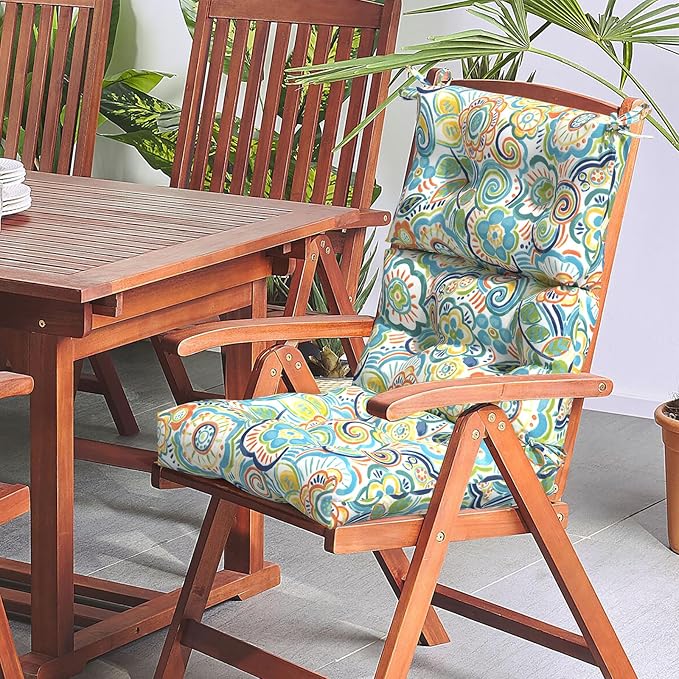 LVTXIII Outdoor Seat/Back Chair Cushion Patio Tufted High Back Cushion, Seasonal Replacement Rocking Chair Cushion with Ties (22” W x 20D”, Set of 2, Flower Blue)