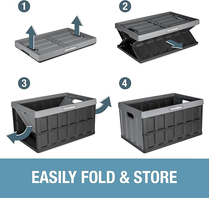 CleverMade Collapsible Storage Bins - Stone 3 Pack 62L / 16 Gal holds 100 lbs - Stackable Containers Heavy Duty Capacity Crates Space-Saving