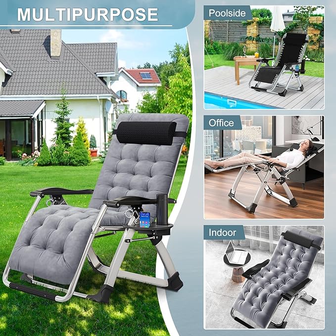 ABORON Zero Gravity Chair,Premium Outdoor Lawn Folding Lounge Chairs,Sturdy Adjustable Reclining Patio Chairs with Removable Cushion,Headrest & Tray