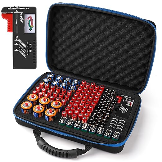 Battery Organizer, Waterproof Battery Organizer Storage Case with Tester BT-168, Battery Holder Box Holds 145+ AA AAA C D 9V Batteries,Blue (Batteries are Not Included), ARK BATTERY CASE-2