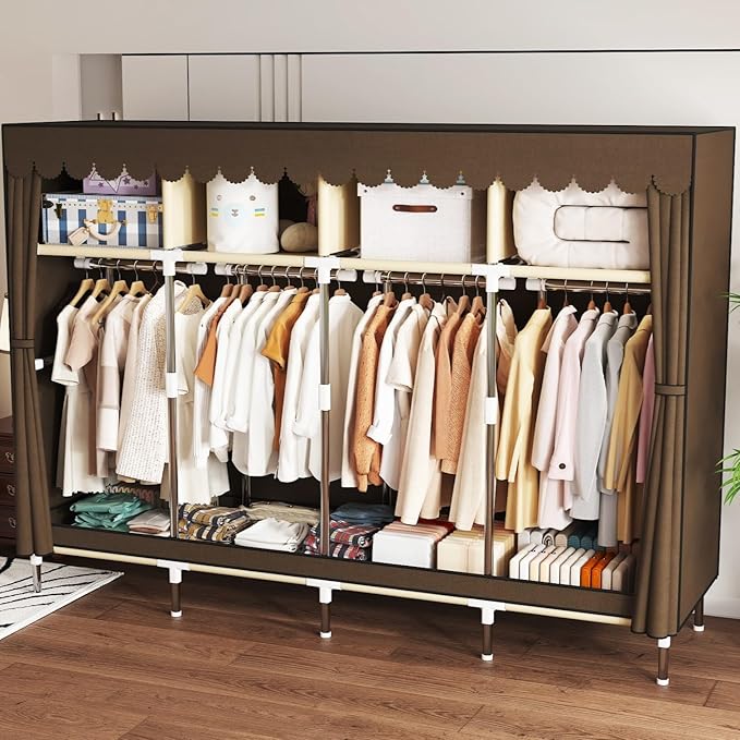 Portable Wardrobe Closet Durable and Easy to Assemble Heavy Duty Clothes Rack with Non-Woven Cover Fabric Best for Bedroom and Easy Storage and Organization (Brown-B)