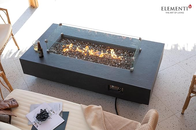 Elementi+ | Bundle Positano Gas Fire Pit Cast Concrete 60" Rectangular Fire Table, Outdoor Fire Pit Electronic Ignition | Canvas Cover, Fire Glass and Burner Lid Included | Dark Gray | Propane Gas