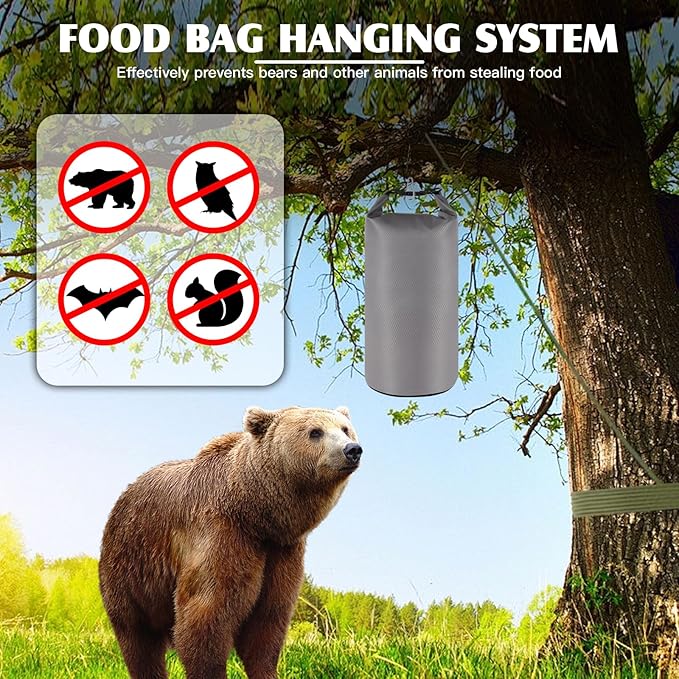 Bear Bag for Camping, Grey Ultralight Food Hanging System Include Waterproof Bear Bag, Nylon Ropes, Carabiner Clip, Bear Bell for Backpacking, Hiking, Outdoor Activity
